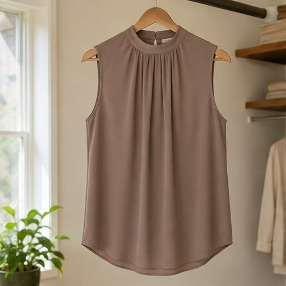 Taupe Pleated High Neck Blouse